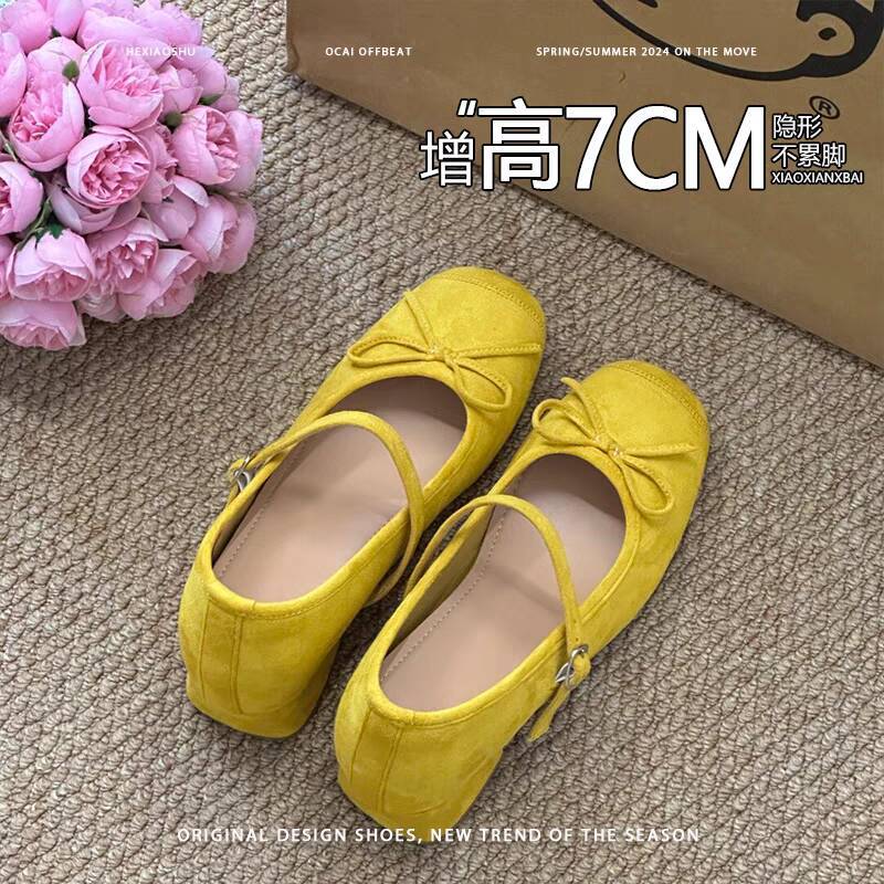 Retro bow thick heel Mary Jane shoes women's 2025 spring and summer new versatile inner height increase one-word buckle light mouth single shoes