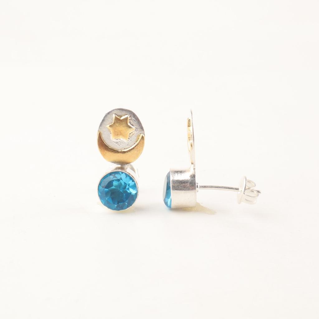 Schweizer Blautopas Edelstein 925 Sterling Silber Schmuck Stern & Mond Ohrstecker 0,8" Geschenk EE-141-14