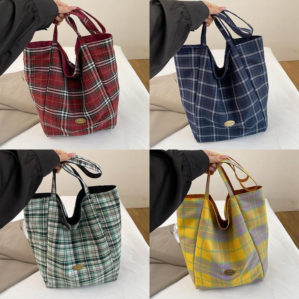 Stylish Korean Literary Inspired Plaid Double-sided Shoulder Tote Bag For School Use