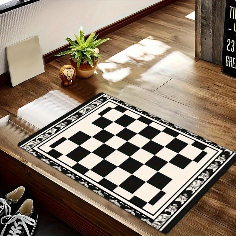 1 Stück Schwarz-Weiß karierter Flanell-Teppich mit Schwammfüllung, Dick, Klassisches Schachbrettmuster, Maschinenwaschbar,