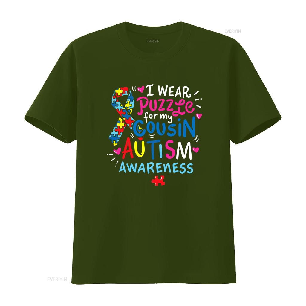 Autism Awareness I Wear Puzzle For My Cousin Colorful Print Casual T Shirt Vintage Washed Top For Everyday Wear Versatile