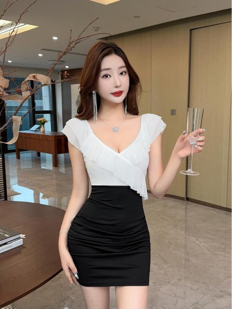 Schickes Damen-Bodycon-Bleistiftkleid aus Mesh mit tiefem Ausschnitt und Rüschenärmeln