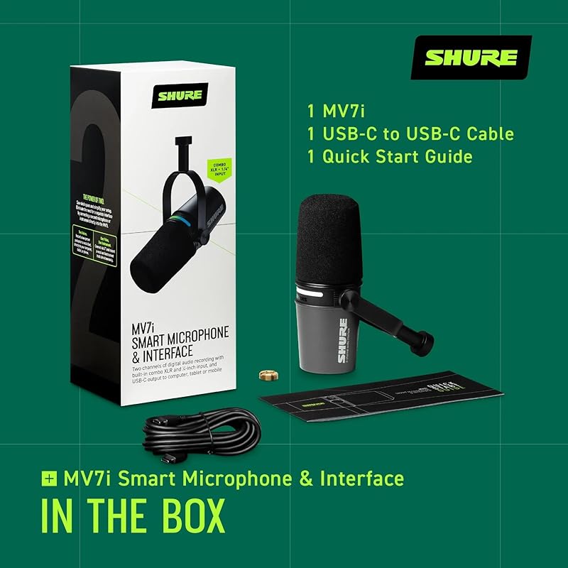 Shure MV7i Smart Mic - USB-C & XLR Microphone for Podcasting, Music & Streaming, Built-in Audio Interface, Auto-Level Mode, Advanced DSP, All-Metal