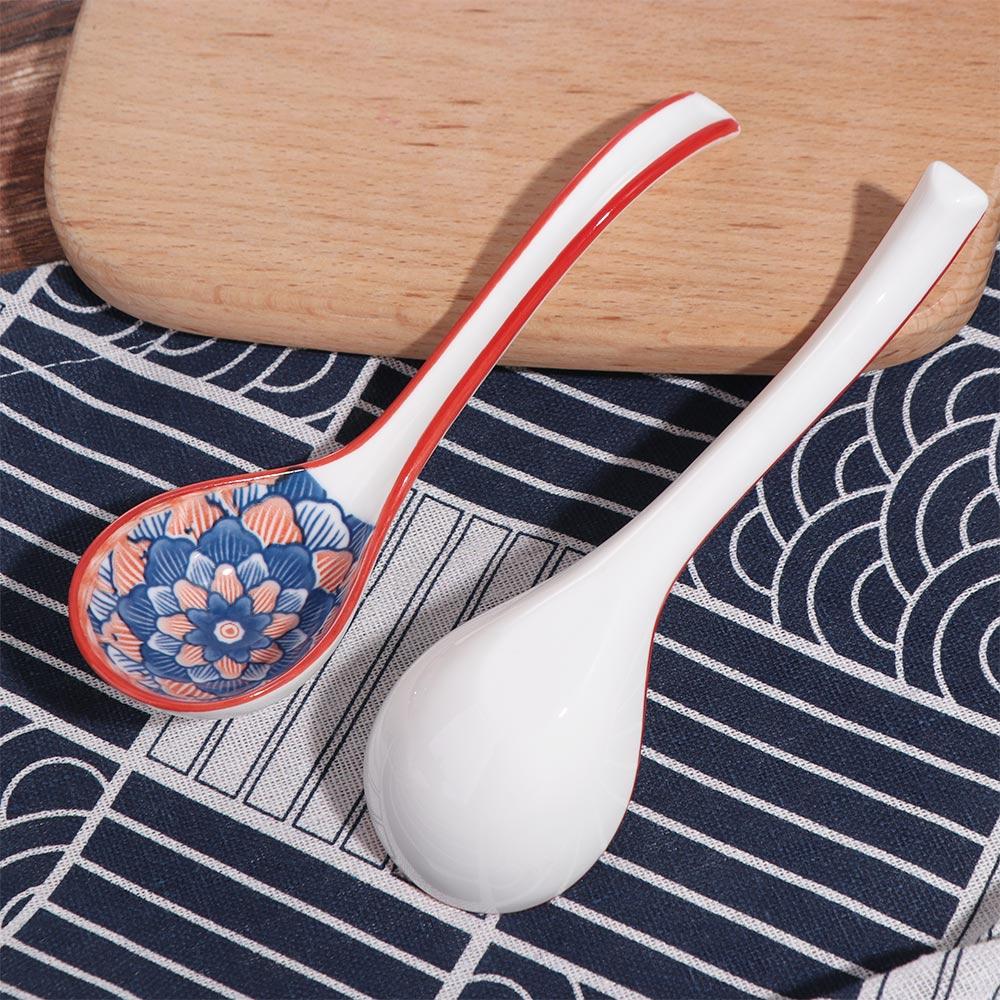 Set of 4 Porcelain Ramen Spoons Curved Handle Cooking Utensil Wonton Ceramic Soup Spoon  Home