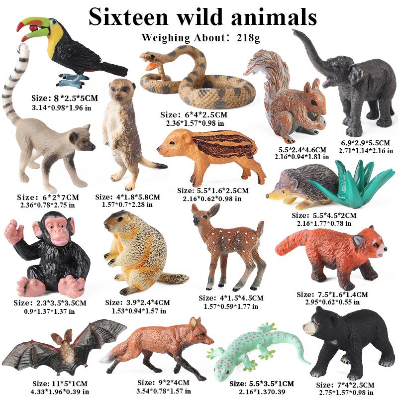 Oenux 16PCS Wild Animals Forest Lizard Bat Fox Squirrel Action Figure Model Miniature Cake Toppers Education Toy Kids Xmas Gift
