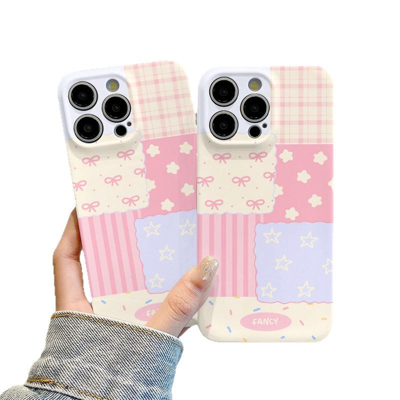 Plaid splicing is suitable for Apple 17promax cartoon cute iPhone16Pro lens all-inclusive 15 new 14.