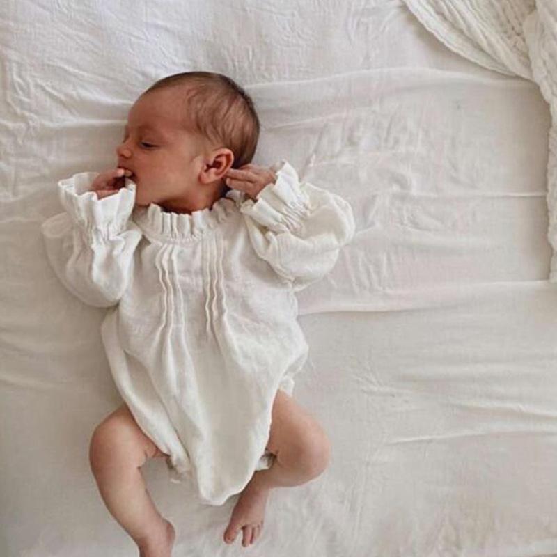 European & American Long-Sleeve Linen Jumpsuit for Baby Girls - Solid Color Climbing Romper