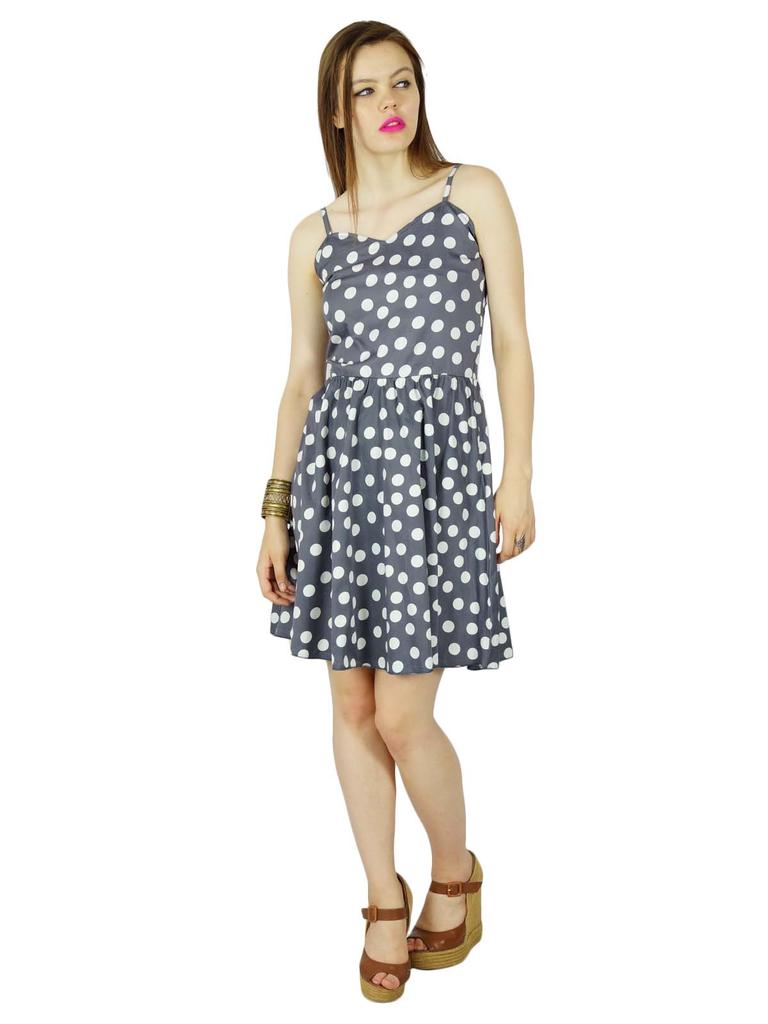Bimba Women Retro Style Shift Dress Polka Dots Spaghetti Strap Pouf Mini