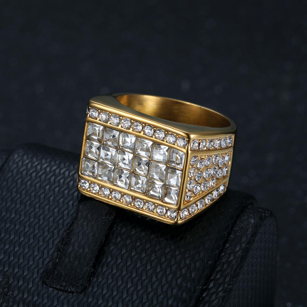 Luxury Iced Out Square CZ Ring for Men 316 Stainless Steel Hip Hop Bling Fashion Jewelry