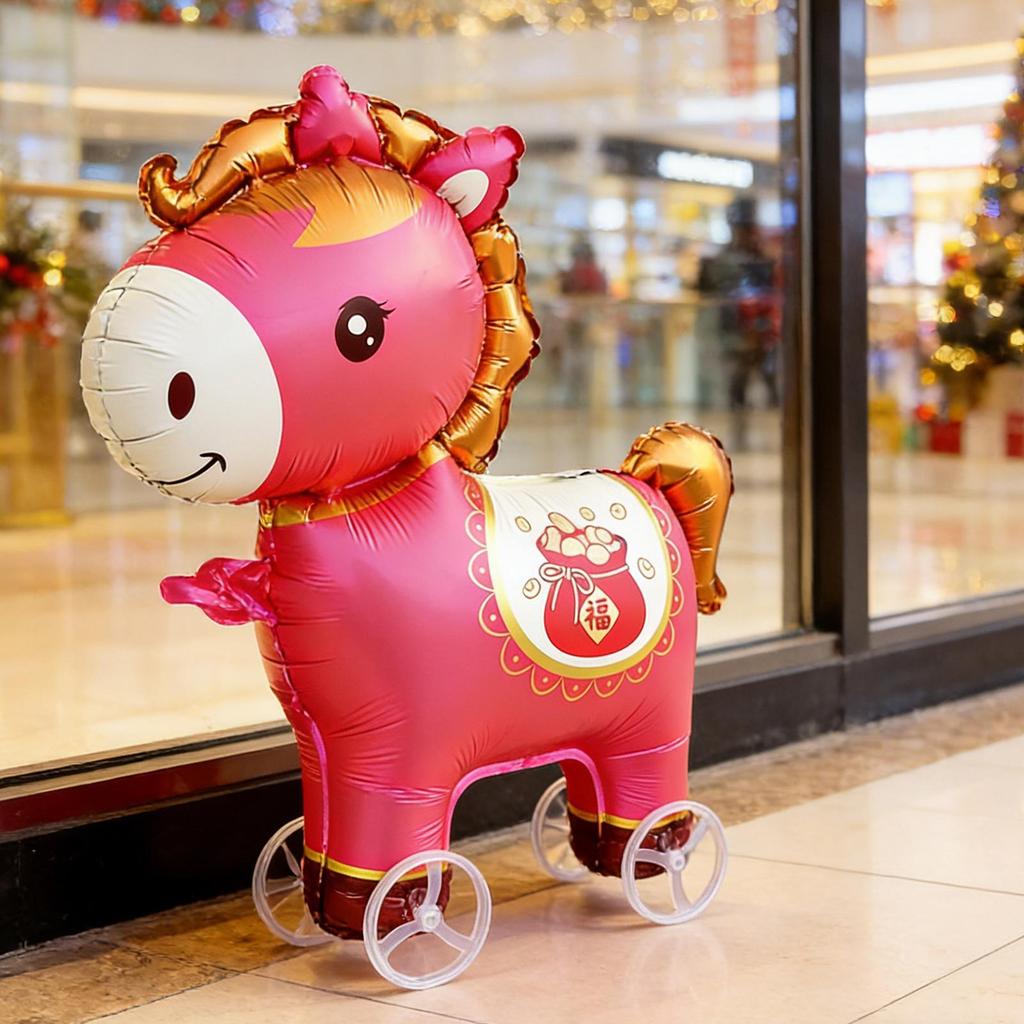 Ballon Cheval Animal Gonflable avec Roues Décoration de Fête Célébration d'Anniversaire Fête du Printemps Nouvel An Chinois Accessoire Photo