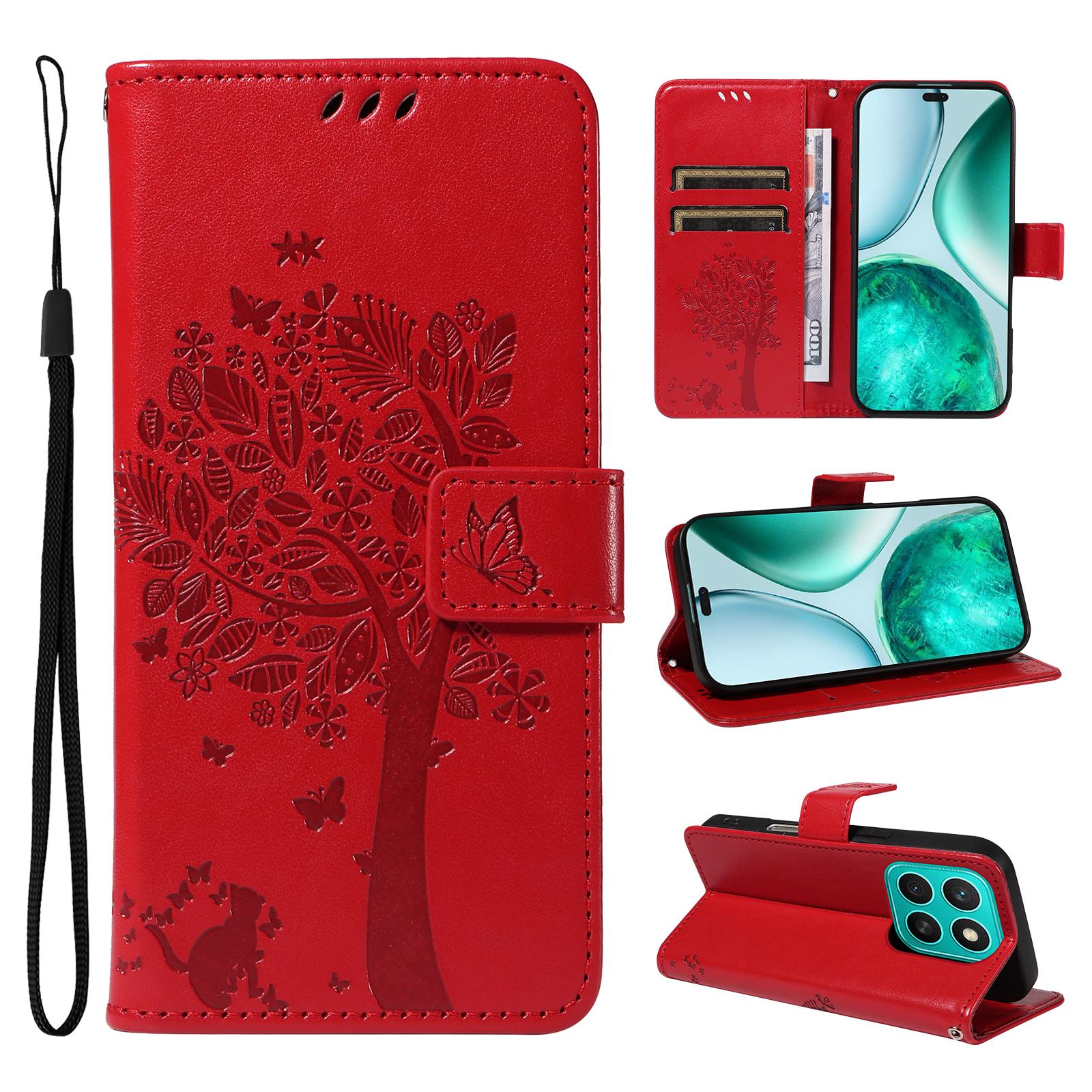 

For Honor X8c 4G Phone Case with Stand Cat Tree Pattern Leather Wallet Mobile Cover Red