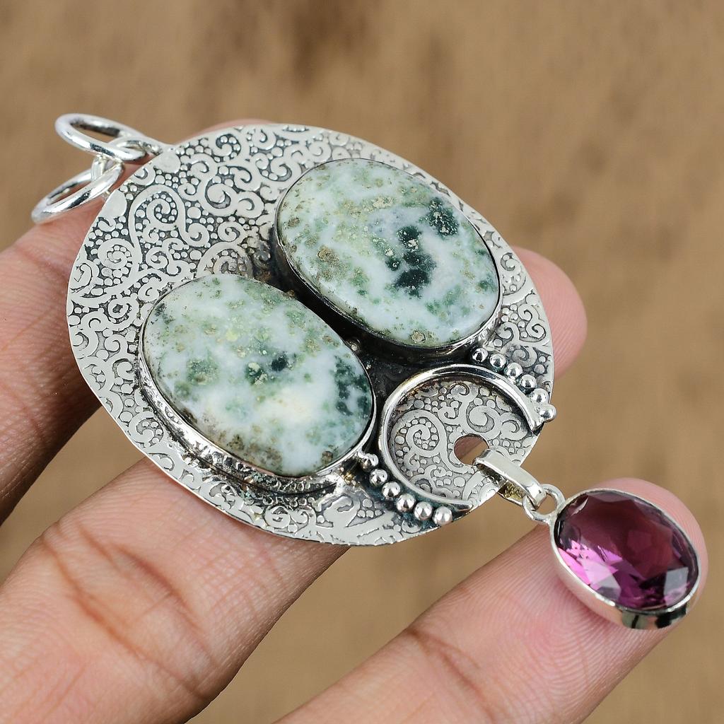 Natural Moss Agate Gemstone Pendant Handmade 925 Sterling Silver Indian Jewelry