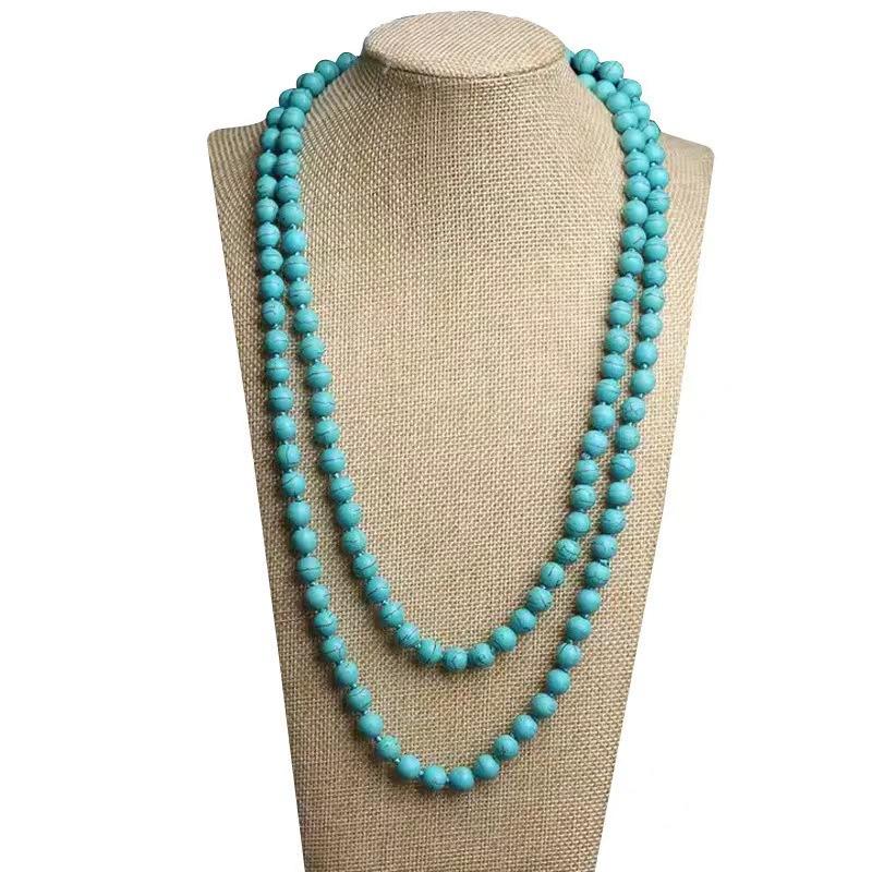 Original Ethnic Longline Necklace, Handmade Turquoise and Rice Bead Jewelry with Folk Style Artisan Design for Unique Statement
