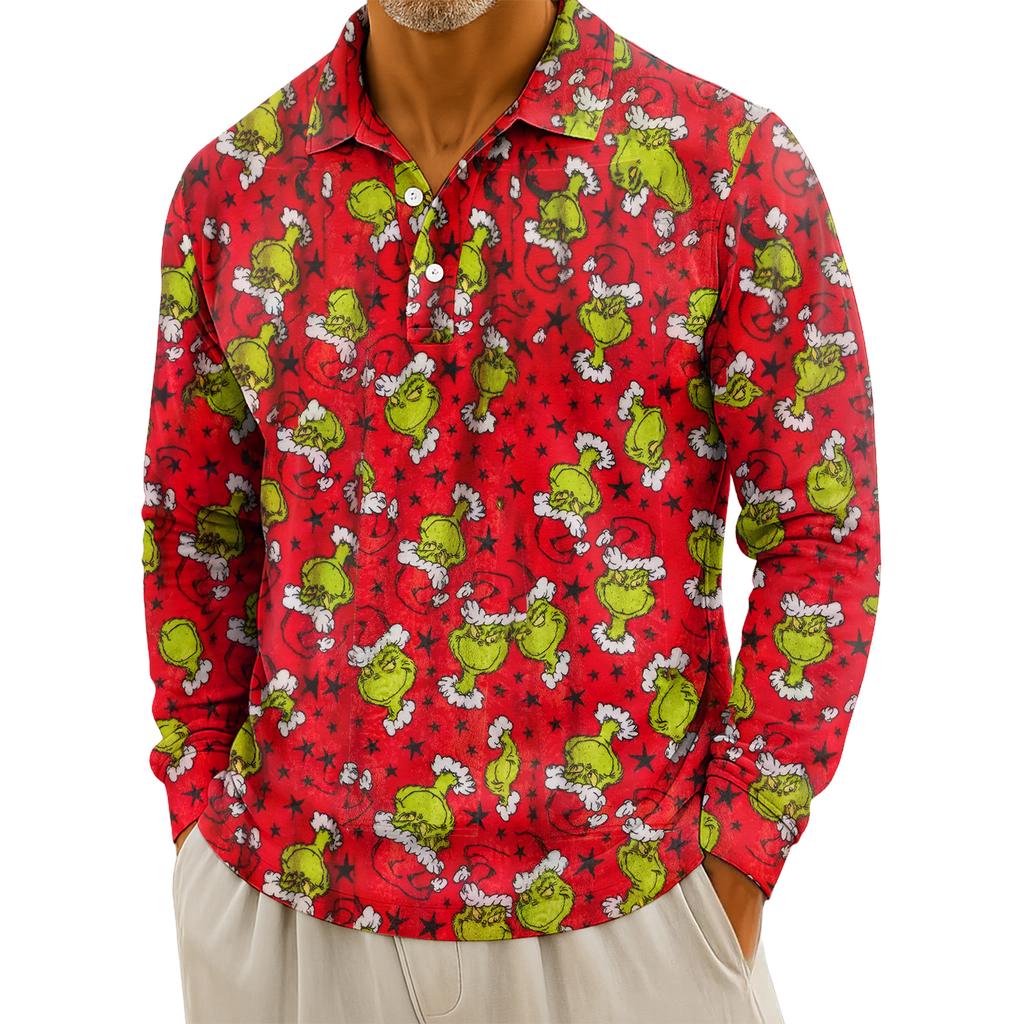 Men's Casual Christmas Print Button Long Sleeve Shirt