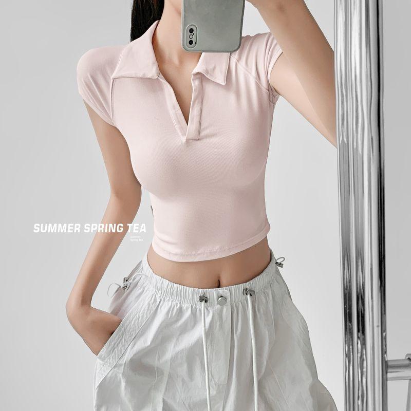 

Summer Spring Tea Fashion Style Short-Sleeved T-shirt for Women Summer Simplicity V Neck Silm Slim Looking Lapel Sexy Style Short Tops Women Pink (short) S