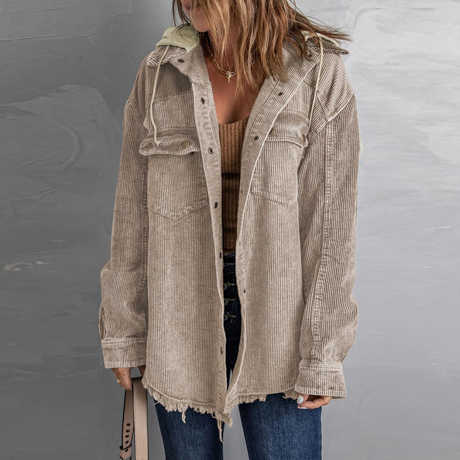 

Женская осенняя вельветовая куртка с капюшоном и длинными рукавами с пряжкой и капюшоном с карманом XL хаки