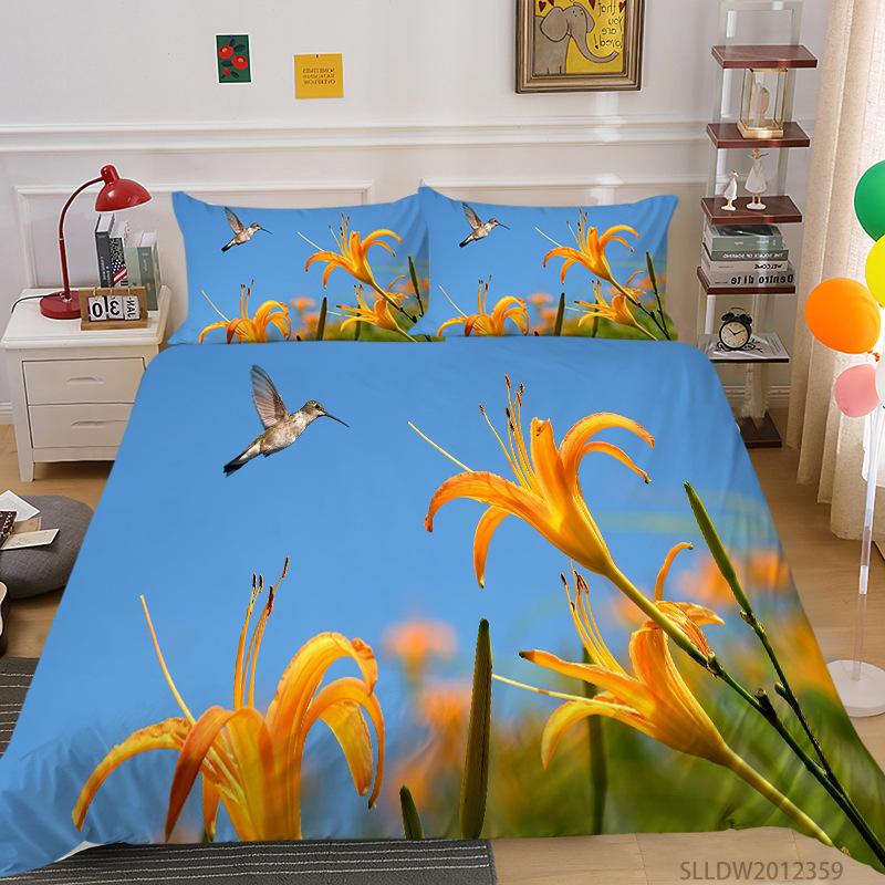 Hummingbird Duvet Cover Set King/Queen Size Small And Cute Tropical Bird Yellow Flower Green Leaves  Bedding Set Women