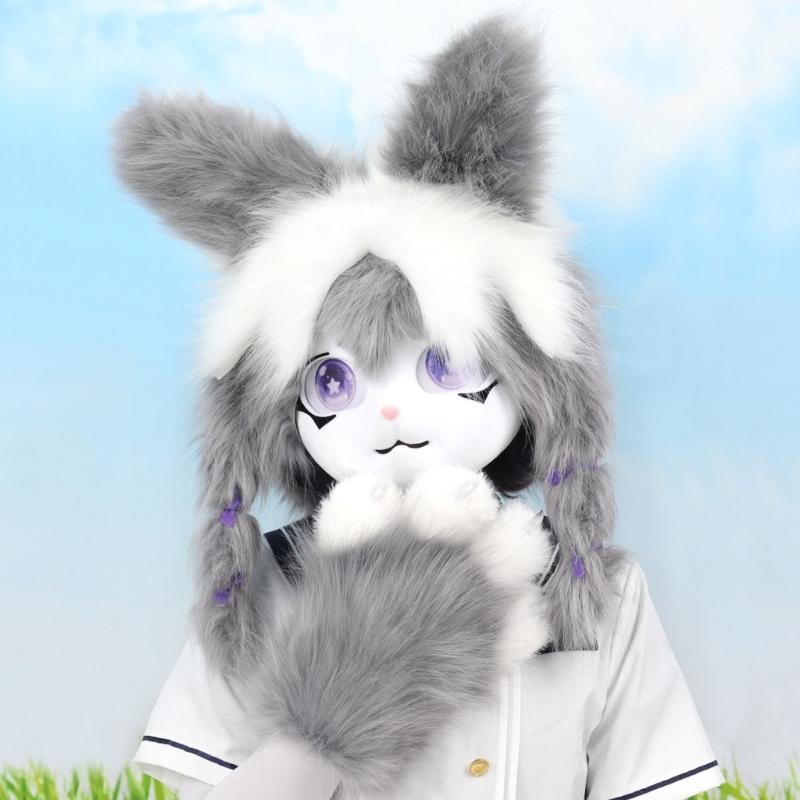 Futrzana Głowa Zwierzęcia Królik Fursuit Maska Wycięta Halloweenowa Bal Maskowy Cosplay Kostium Akcesoria Nakrycie Głowy Królika dla Dzieci Dorosłych