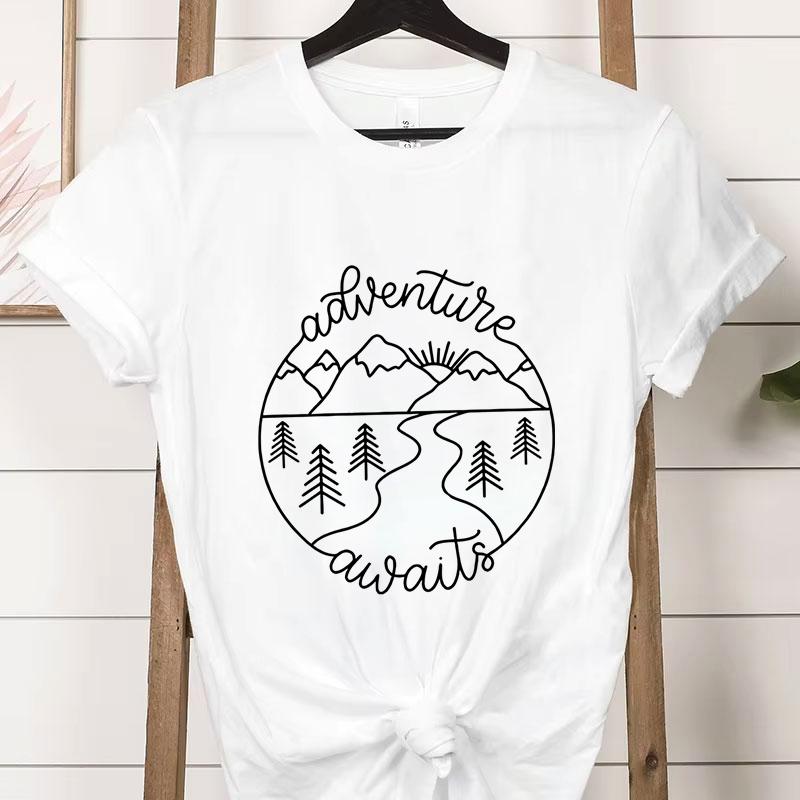 Adventure Awaits Outdoor Graphic T Shirts Women Mountain Nature Lover Gift Crew Neck Short Sleeve Tshirt Adventure Classic Tops