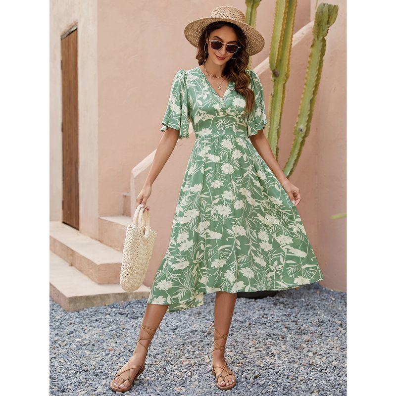 

Women s Clothing Fashion Style Fashion Summer New Pattern Print V Neck Loose Floral Holiday Large Swing Short Sleeve Dress Fashion Picture Color S