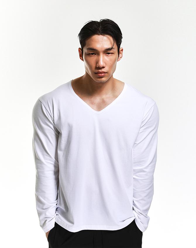 Rvd Cotton Modal Wide Y-Neck Long Sleeve Tee (White) White/L