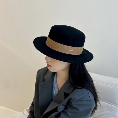 Französischer Hochwertiger Schwarzer Woll-Zylinderhut Britischer Retro Femininität Einfacher Flacher Rand Flache Oberseite Jazzhut