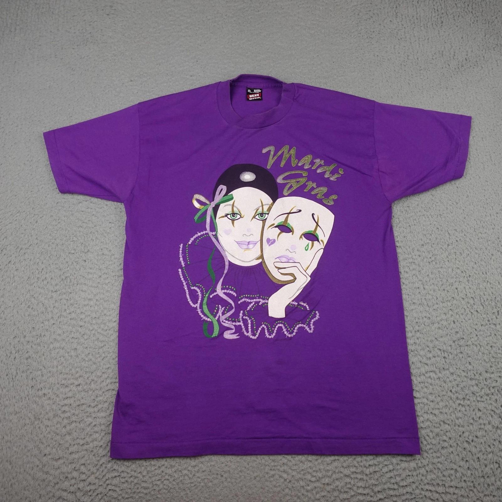 Винтажная рубашка Mardi Gras Мужская XL Фиолетовая 1990 Маска клоуна Однострочный шов 90-е США 3XL