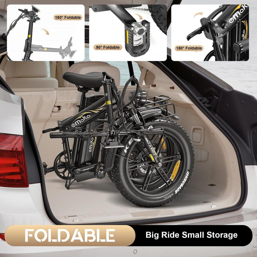 Electric Bike Foldable EMOKO C94 20" 1000W Motor City Ebike 48V 35AH Max Range 200Km 7 Speed Black