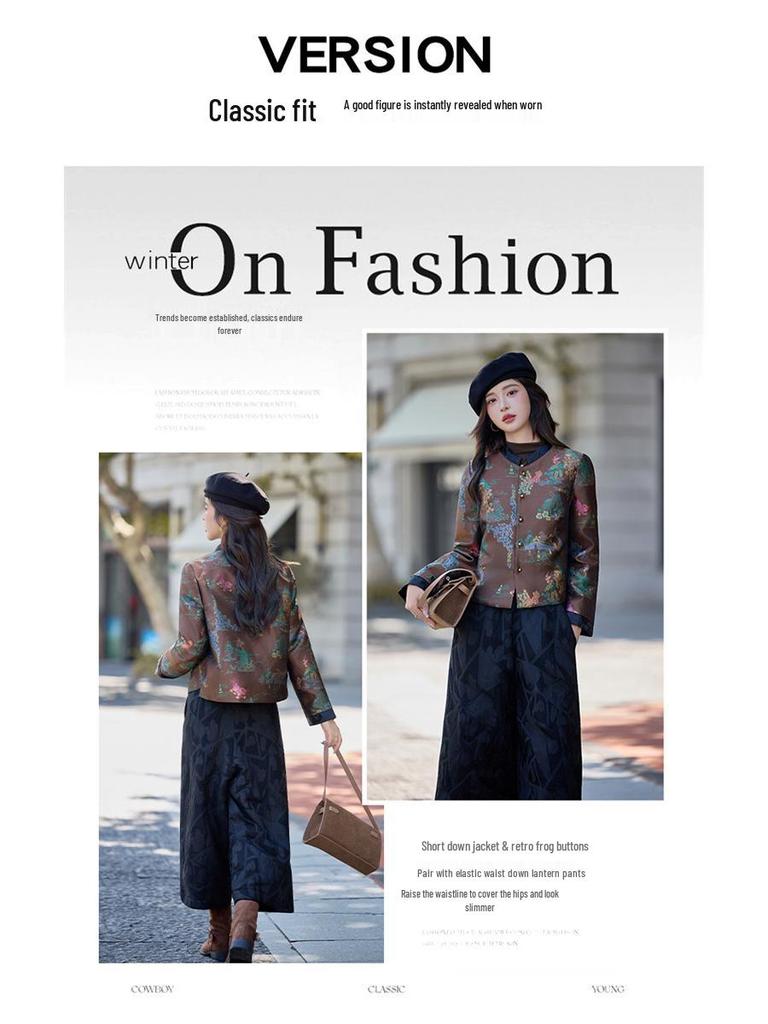 Women's New Chinese Style Jacquard Down Jacket & Wide-Leg Pants Set