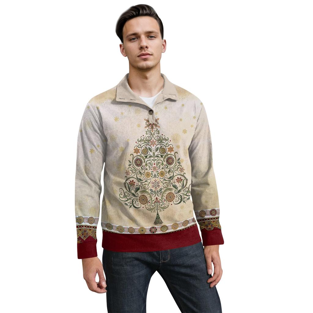Men's Christmas Cotton Pullover Long Sleeve Outdoor Shirt Vintage Corduroy Button Stand Collar Shirt Casual Sweatshirt Christmas Print Top