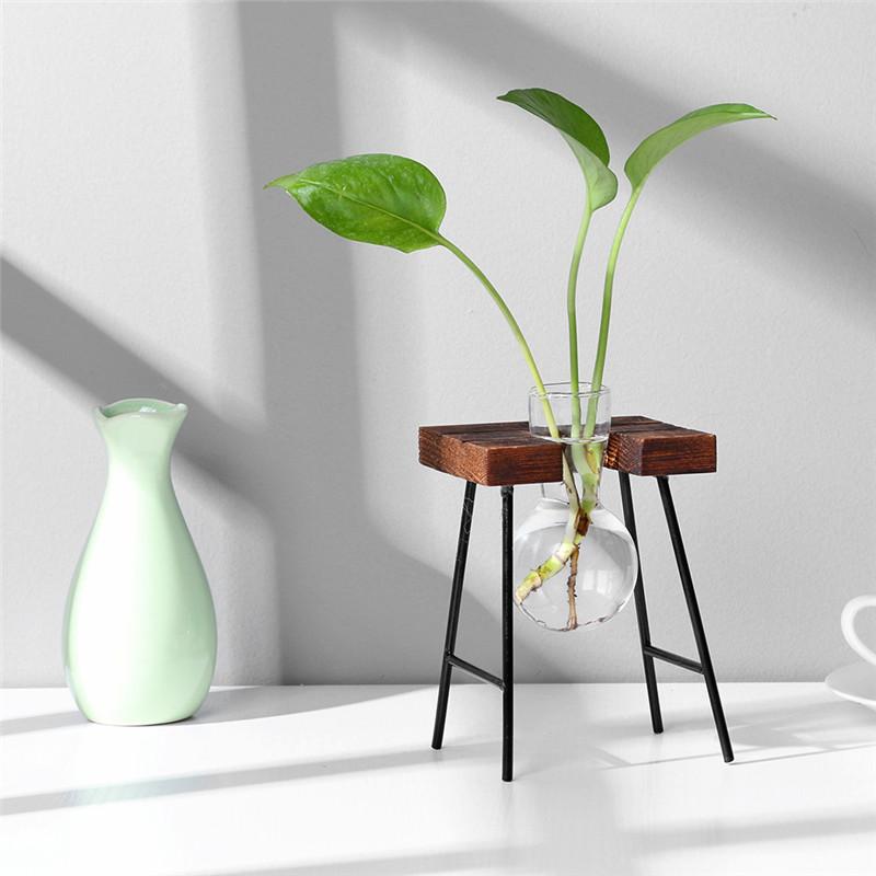 Glass and Wood Vase Planter Terrarium Table Desktop Hydroponics Tray Home Decor Plant Bonsai Flower Pot Hanging Pots with Wooden