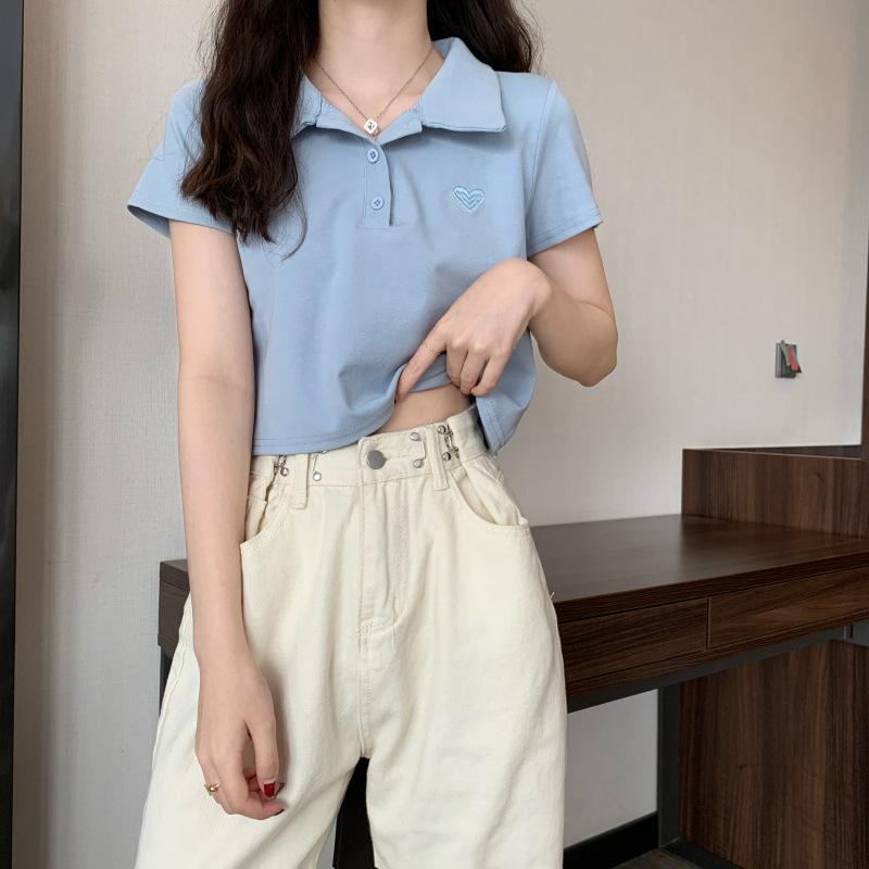 Embroidery Polo collar front shoulder short-sleeved T-shirt women's summer new slim-fit sweet wind short t-shirt short top ins