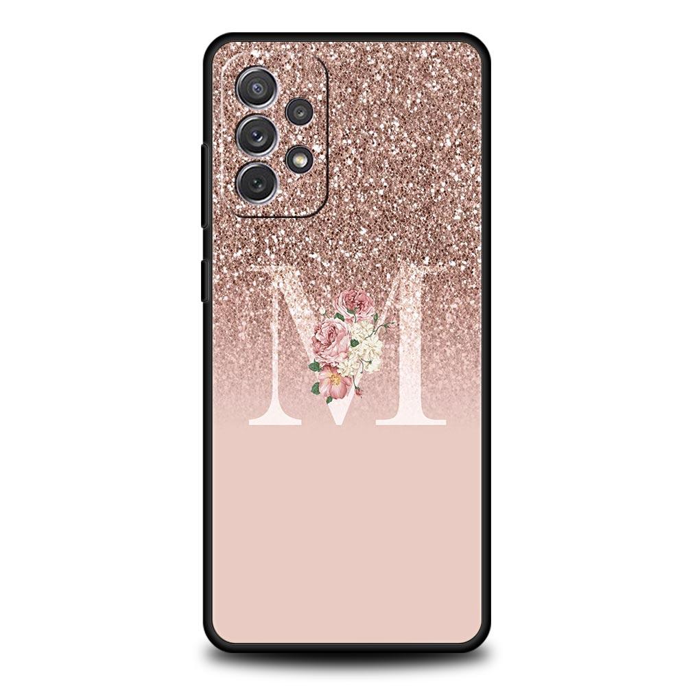 Letter Pink Shiny M R Phone Case for Samsung A51 A71 A21S A12 A11 A15 A25 A31 A41 A23 A33 A53 A73 A03S A05S A13 5G A35 A55 Cover