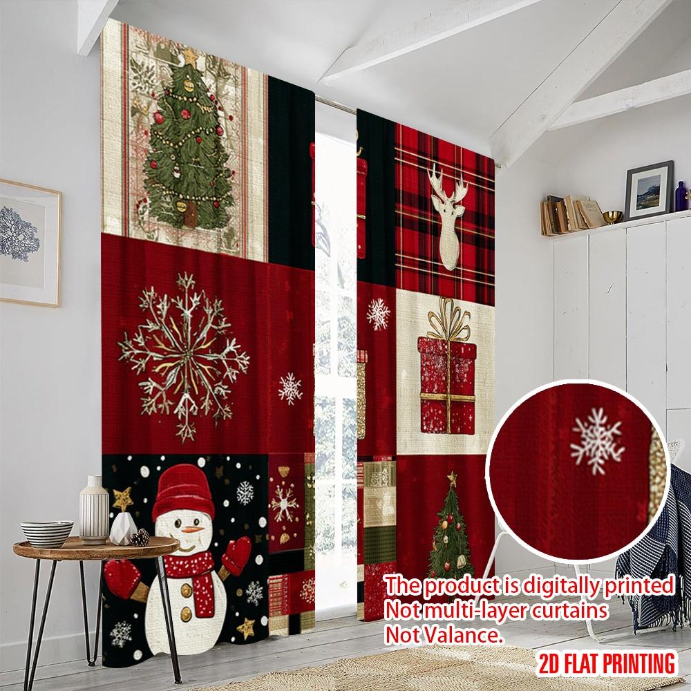 2pcs,2D Plane Printing Curtain Popular Christmas Patchwork Durable Polyester (without Rod) Gifts for Bedroom, Kitchen, Office &