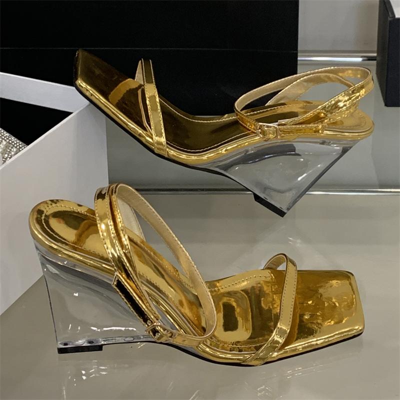 Fashion Eilyken Fashion Square Toe Buckle Strap Women's Sandals Designer Crystal Clear Wedge High Heels Wedding Summer Shoes