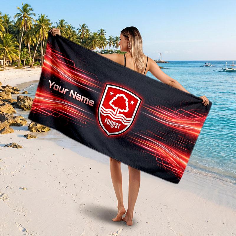 Nottingham Forest Custom Beach Towel, Personalized Name Text Print, Football Logo Soft Quick‑Dry Towel Holiday Gift