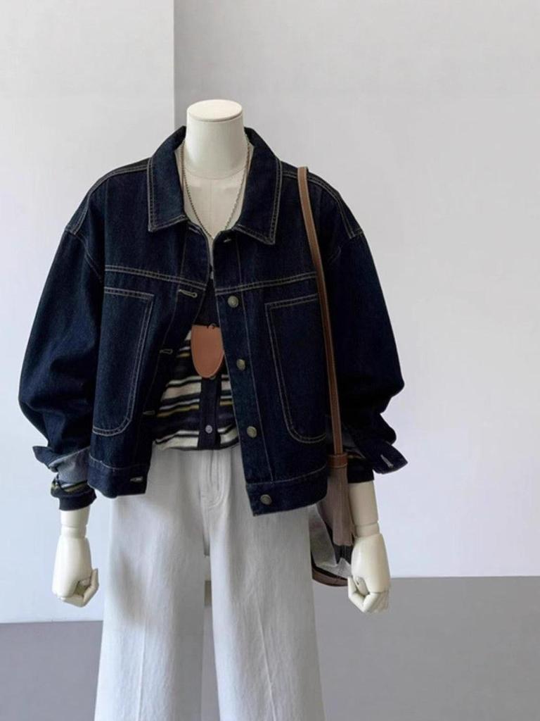 Damska Krótka Retro Kurtka Jeansowa - Granatowa, Casualowy Design z Kieszeniami, Krótki Styl Roboczy na Wiosnę i Jesień.