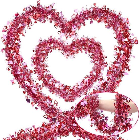 2 Pcs 80 Feet Valentine s Day Garland Decoration Valentines Heart Tinsel Garland Pink Red Hanging Metallic Tinsel Glitter Garland with Cupid Heart Valentine s Day