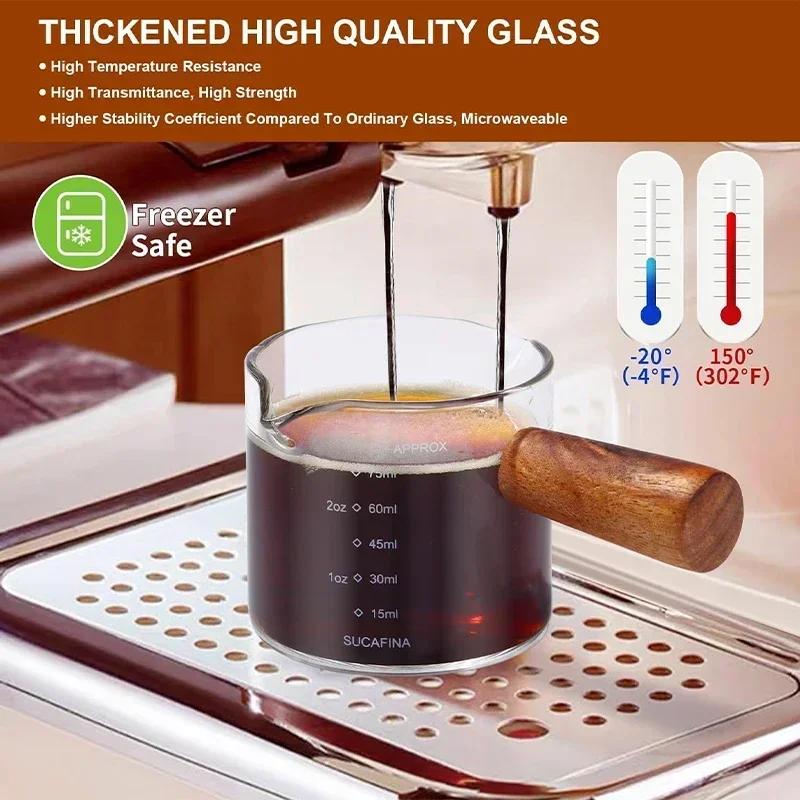 75ML Espresso Measuring Cup Wooden Handle Cup with Scale High Borosilicate Double Mouth Milk Latte Coffee Measure Mug Glass