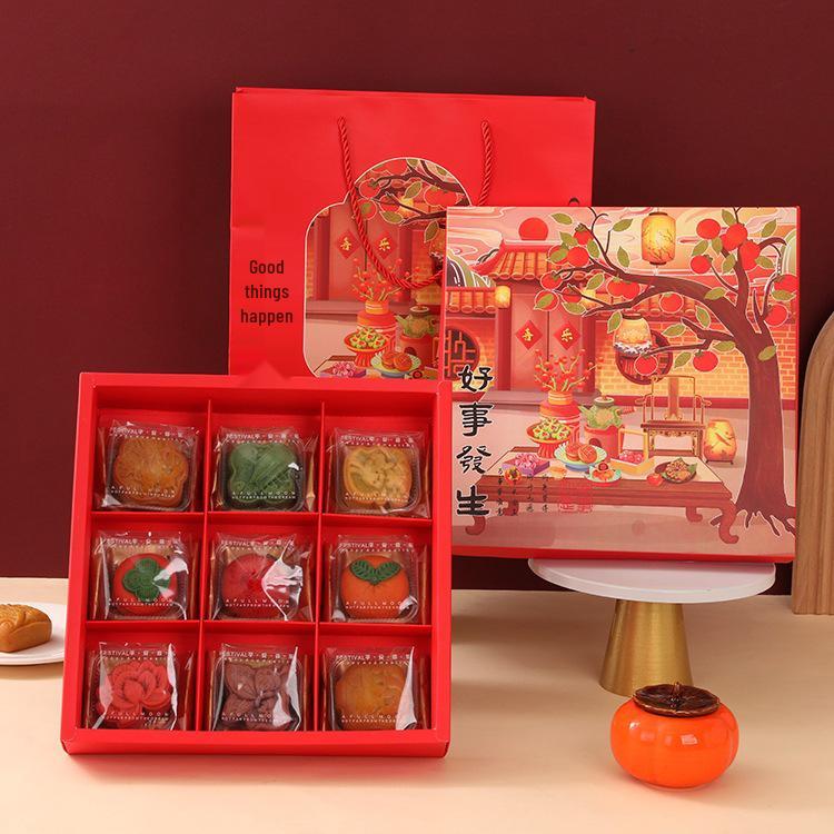 Mid-Autumn Mooncake & Pastry Gift Box with Egg Yolk Pastry, Peach Blossom Pastry, and Chinese Candy in a Nine-Grid Design.