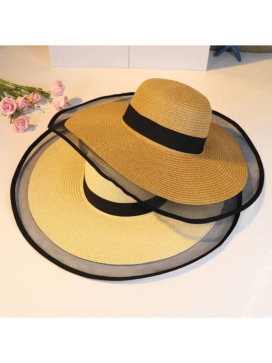 Zealous Sole Women's Black Wide Brim Straw Sun Hat With Mesh Veil For Beach Travel Outdoor