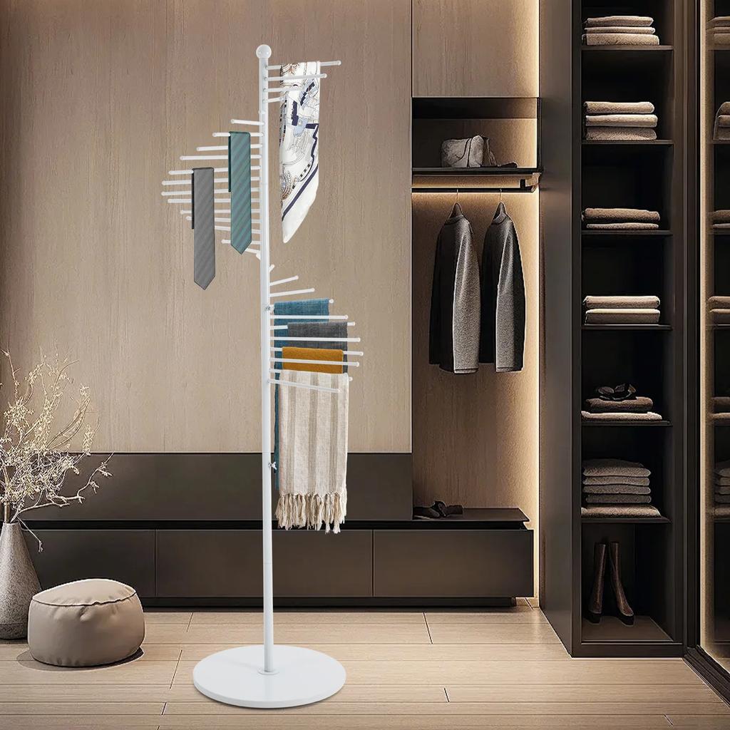 Modern White 5.58ft Floor Standing Spiral Scarf Display Rack, Adjustable Height Multi-Tiered Hanging Organizer for Scarves, Ties