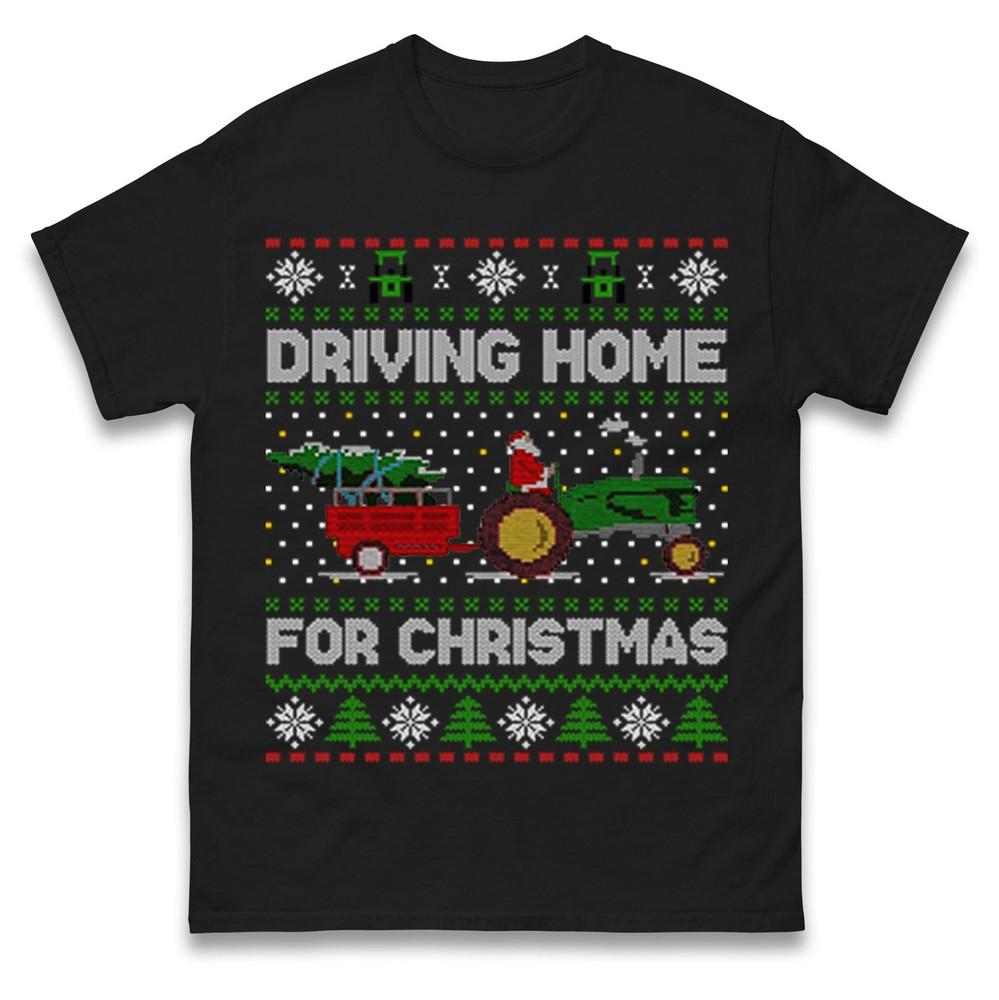 Santa Tractor Driving Home For Christmas Tshirt Funny Farmer Tractor Xmas Tee