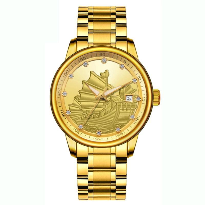Men Automatic Mechanical Wristwatch Luxury 3D Ship with Diamond Golden Dragon Watch