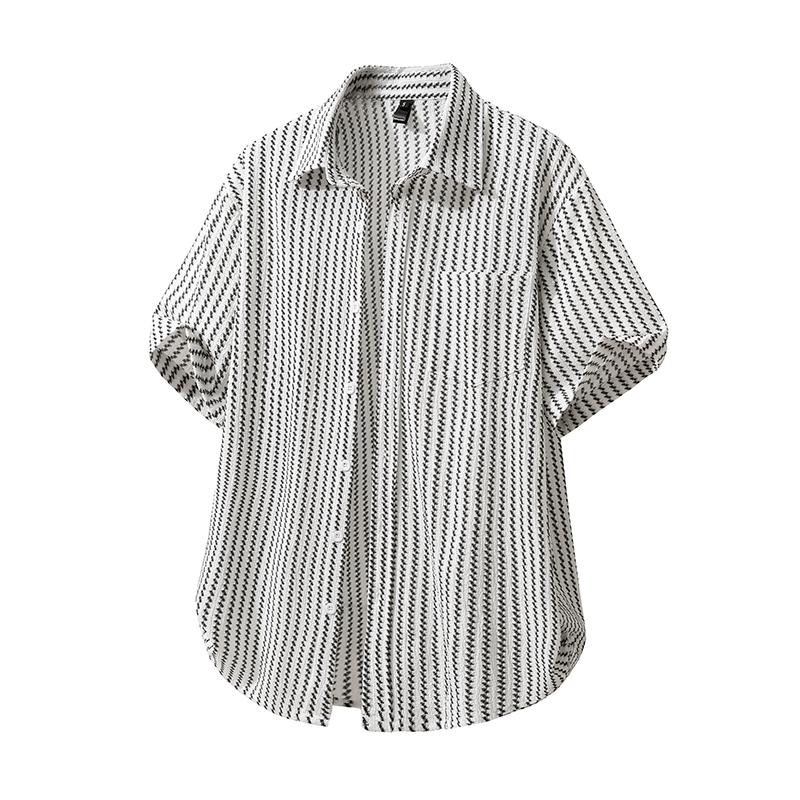 Men's Summer Casual Knitted Shirt Short Sleeve Striped Hawaiian Beach Top Fashionable Blouse