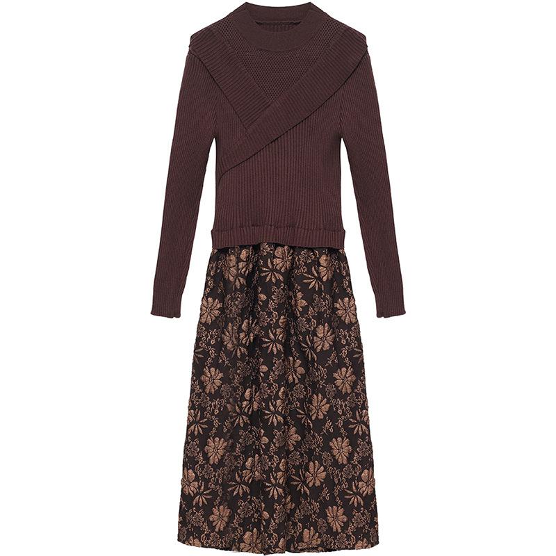 Knitted Long Sleeved Dress Women's Western-style Fake Two-piece Warm Knit Dress Casual Long Sleeved Pullover