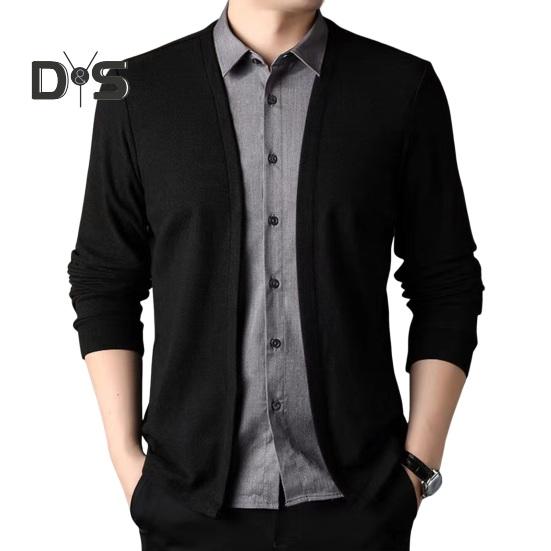 Мужская рубашка весна-осень поддельный двухкомпонентный кардиган трикотажный свитер в стиле пэчворк с отложным воротником формальное офисное пальто в деловом стиле L чёрный 2259₽