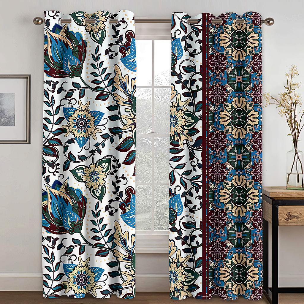 3D Floral Totem Golden Blue Human Head Curtains Living Room Bedroom Kitchen Balcony Window Decorative Curtains 2 Panels