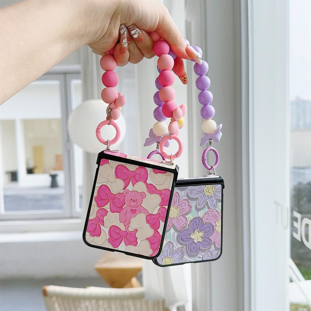 For Samsung Galaxy Z Flip5 5G Case Hinge Design Lacquered Pattern PU Leather+PC Phone Cover with Bead Chain