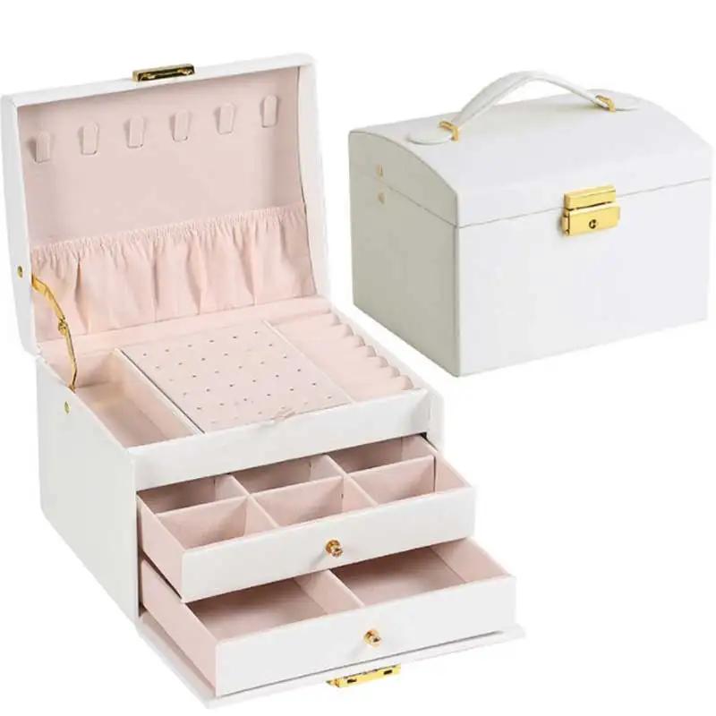 PU Leather 3 Drawer Jewellery Box - Handheld Display Storage with Security Key Lock, Perfect for Earrings Rings Necklaces